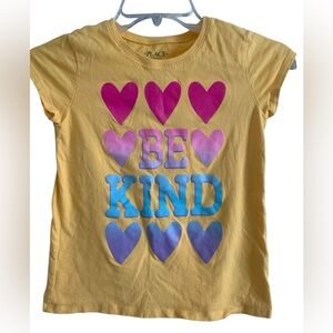 The Children’s Place Girls Size 7/8 “Be Kind” heart tee shirt – yellow + hearts